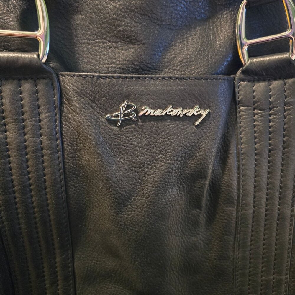 B. Makowsky Black Leather Medium Square Tote Cheetah Satin Liner, EUC - Picture 4 of 7